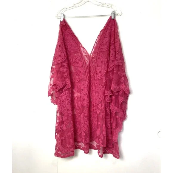 Sol & Sea Swimsuit Coverup Size L/XL Pink Sheer Mesh Embroidery Periwinkle Tunic - Picture 2 of 12